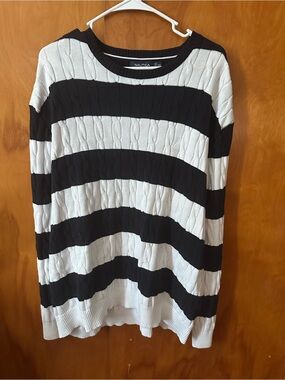 Nautica dark blue and White Striped Cable-Knit Crew Sweater